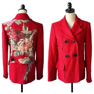 Kenzo Red Double-Breasted Floral-Back Pea Coat (MSRP: $756)